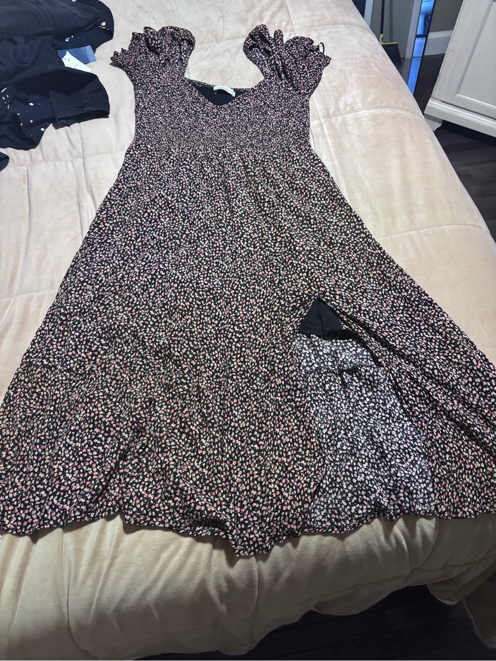 Abercrombie & Fitch Black Midi Dress with Pink Floral Print
